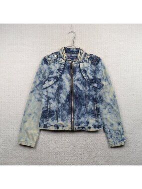 Y2K Baccini Biker Moto Denim Jacket Womens S  Acid Wash Grunge Punk Alt Metal